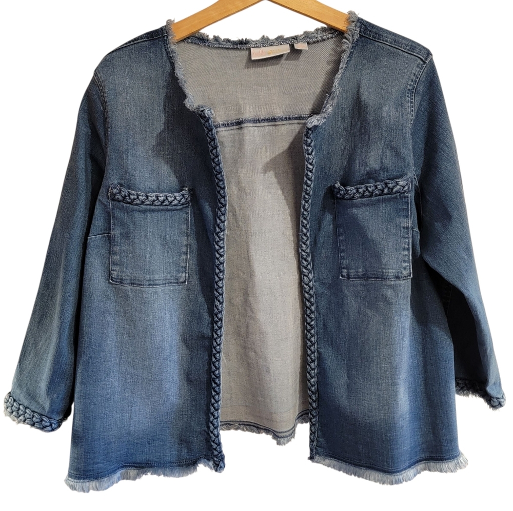 Belle by Kim Gravel‎ Braided Open Front Jean Jacket Medium Frayed Edges